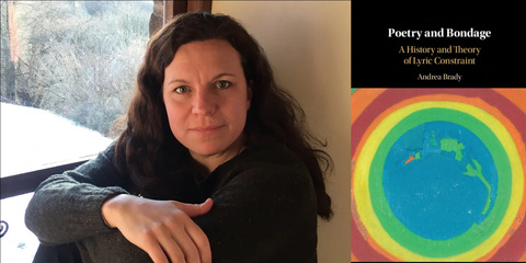 Andrea Brady seated; her book, Poetry and Bondage: A History and Theory of Lyric Constraint, with colorful concentric circle artwork