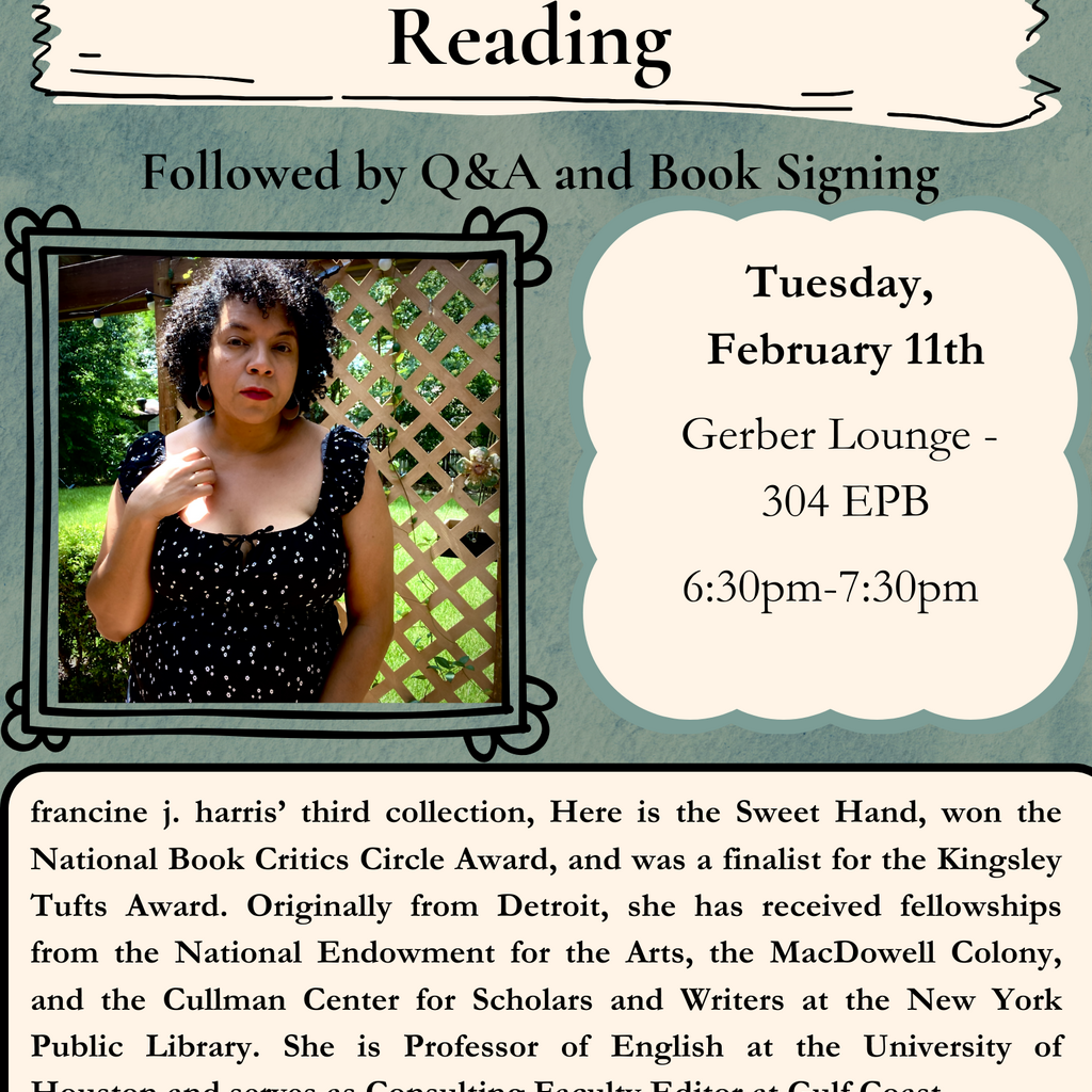 English Department VIEWS: francine j. harris Reading, Q&A, & Book Signing promotional image