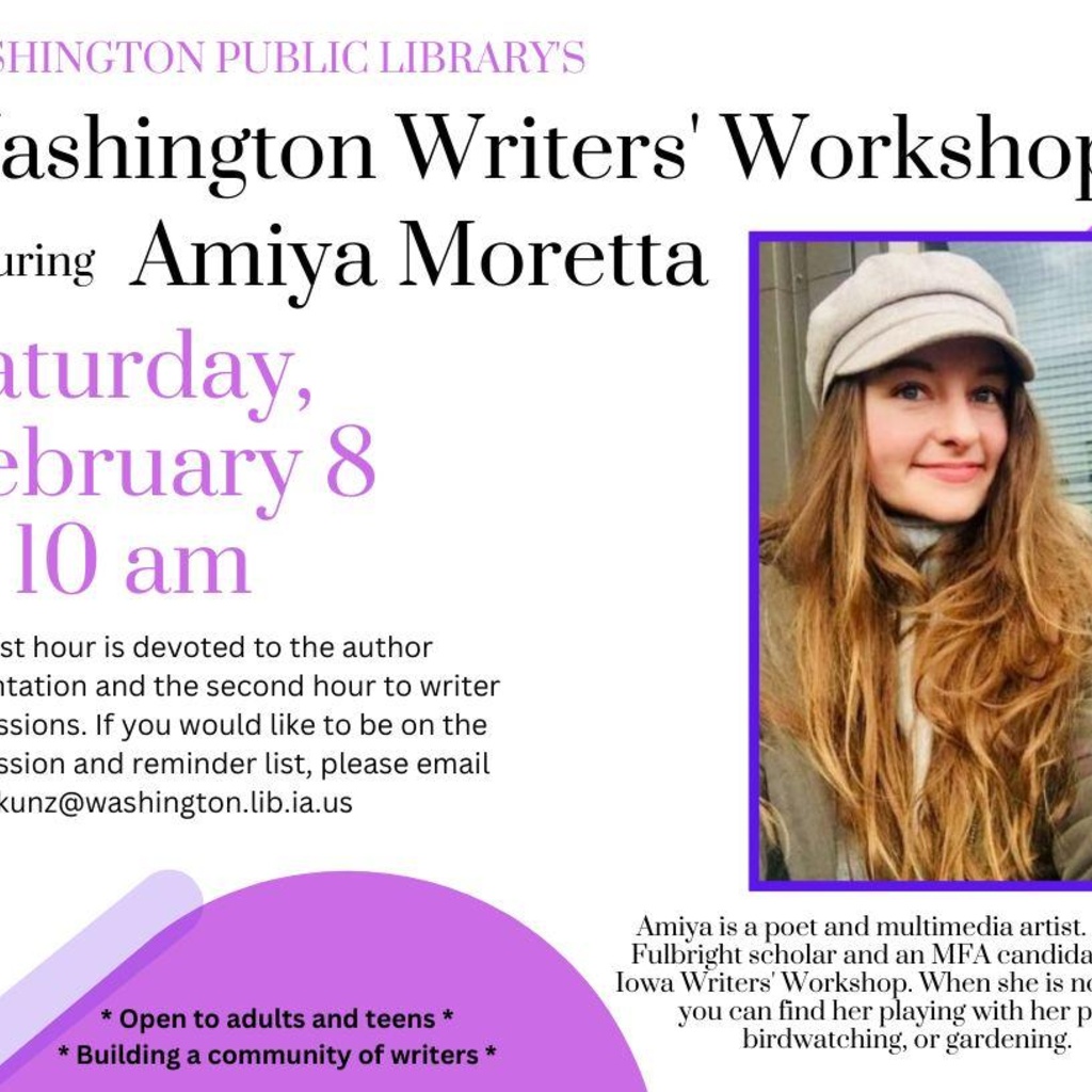 Washington Writers Workshop: Amiya Moretta at the Washington, IA Public Library promotional image