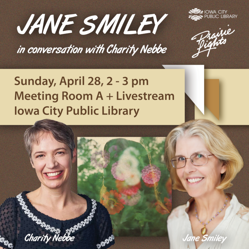 Jane Smiley at the Iowa City Public Library in conversation with IPR's Charity Nebbe promotional image