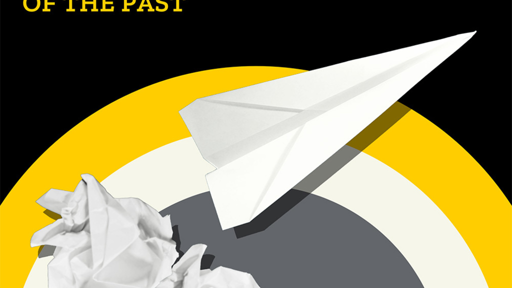 Sad Me of the Past header with crumpled paper and paper airplane on black background with yellow geometric shapes - Iowa