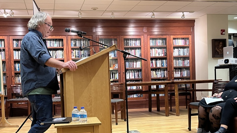 Tom Drury at a podium